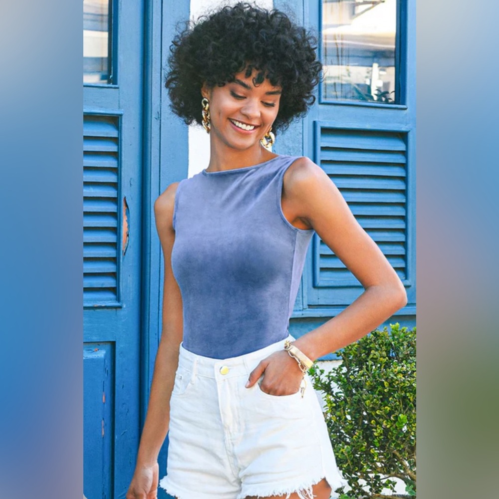 Arely Velour Blue Round Neck Bodysuit